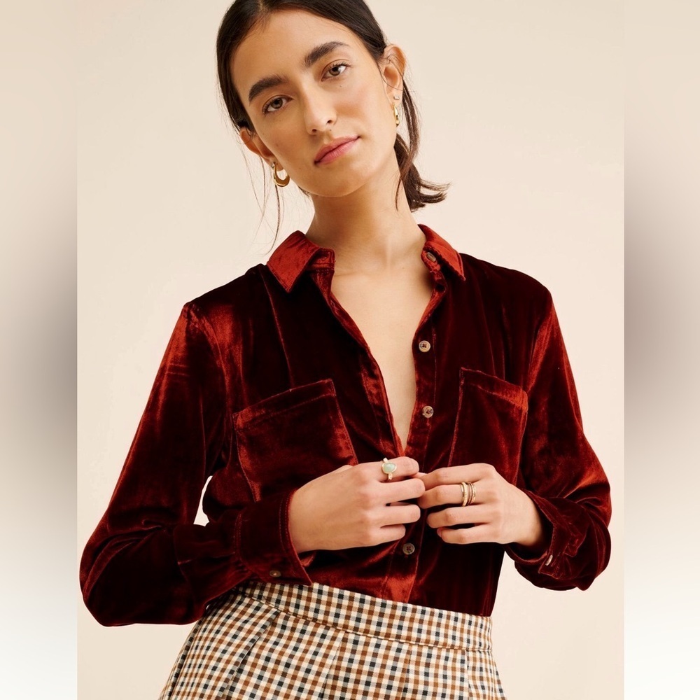 SP small petite Anthropologie Pilcro Hadley velvet button collar shirt rust red